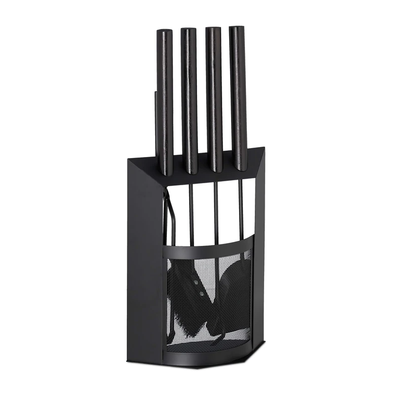 Relaxdays Fireplace Companion Set, 5-Piece Utensil Set with Shovel, Broom, Tongs & Holder, Modern, Black