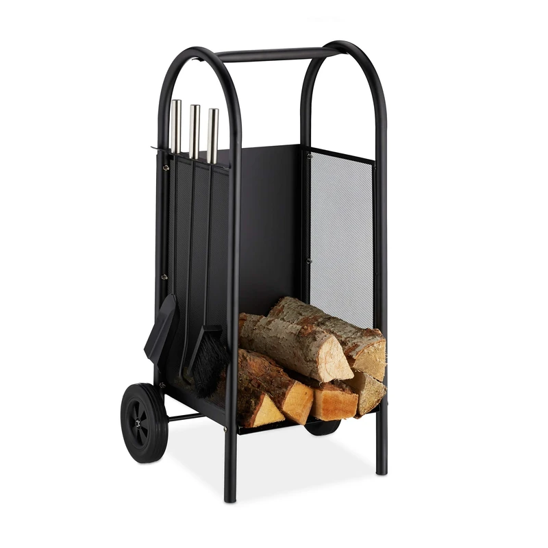 Relaxdays Firewood Cart with Companion, Steel Holder, 3-Piece Tool Set, Shovel, Broom & Poker, Black, plastic, rubber, 81 x 42 x 37 cm,10028779