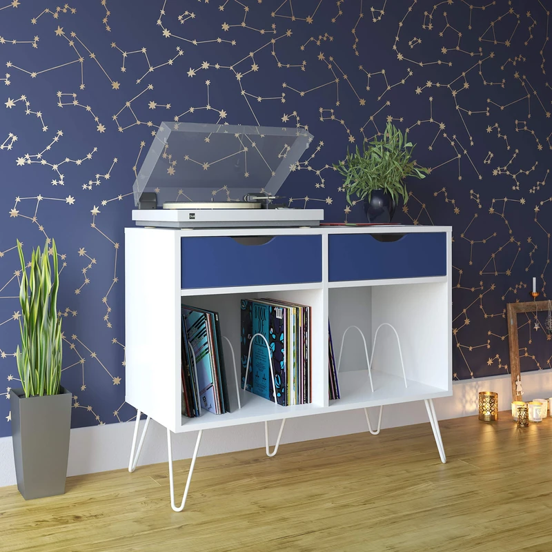 Ameriwood Home Concord Turntable Stand, Wood Look White/Blue