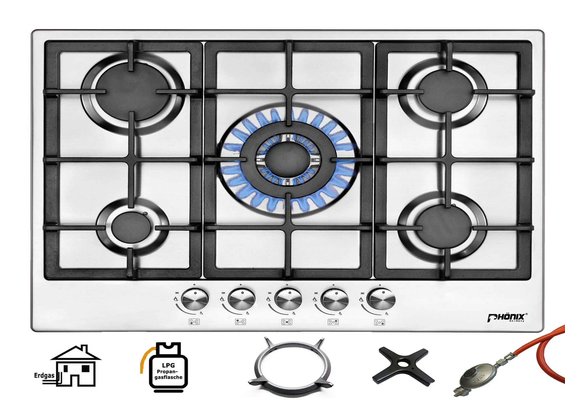 Phönix PS-901T Built-in Gas Hob Stainless Steel, 5 Burner Gas Stove Freestanding/Built-in Gas Hob