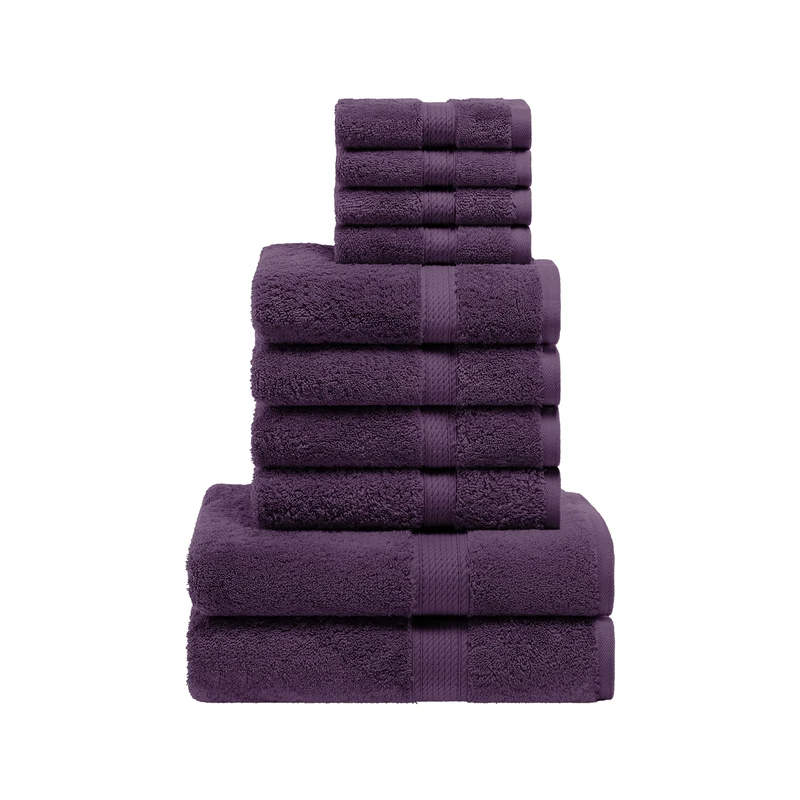 Superior Egyptian Cotton Solid Towel Set, Washcloths 13” x 13”, Hand Towels 20” x 30”, Bath Towels 30” x 55", 800 GSM, Plum, 10-Pieces