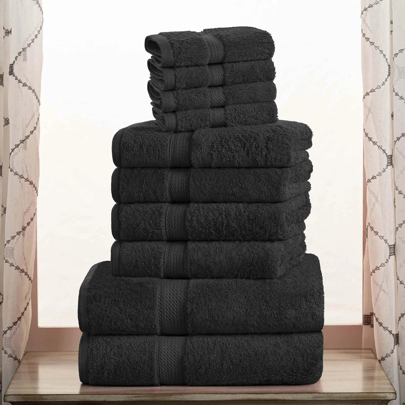 Superior Egyptian Cotton Pile 10 Piece Towel Set, Includes 2 Bath, 4 Hand, 4 Face Towels/Washcloths, Ultra Soft Luxury Towels, Thick Plush Essentials, Guest Bath, Spa, Hotel Bathroom, Black