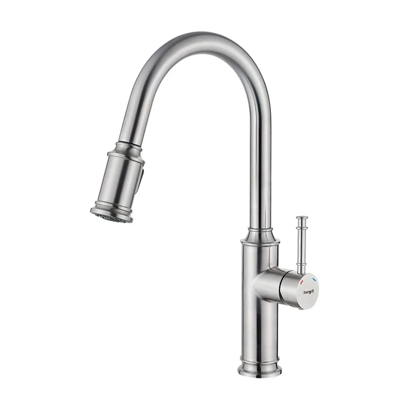 Ibergrif M22132, Pull-Out Kitchen Mixer with Hand Shower, Single Lever Sink Mixer, Brushed Nickel