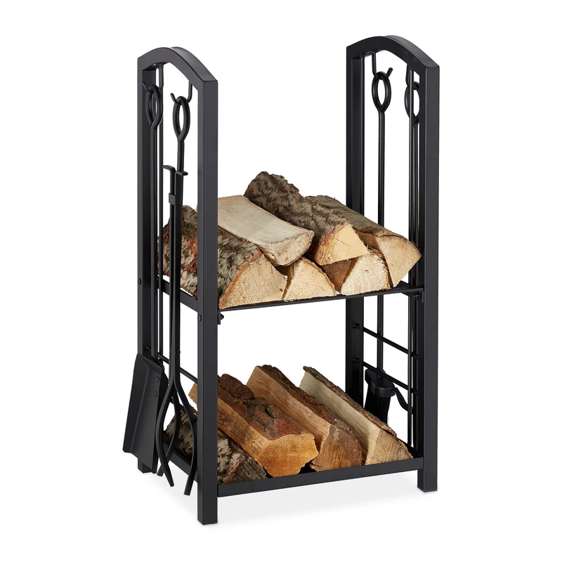 Relaxdays Firewood Rack with Companion Tools, 2 Tiers, Steel, 4-Piece Accessory Set, Shovel, Broom, Tongs & Poker, Black