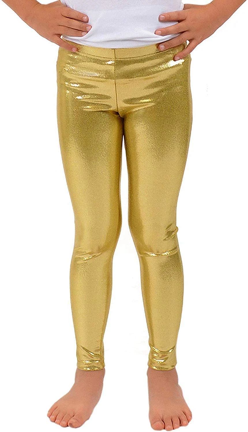 GirlzWalk Girls Shiny Wet Look Leggings Kids Liquid Metallic Dance Footless Tights Pants, Gold, 3-4 Years