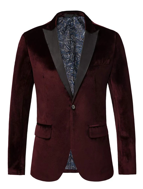 THWEI Mens Velvet Blazer Slim Fit Solid Blazer Sport Coat, Burgundy, L