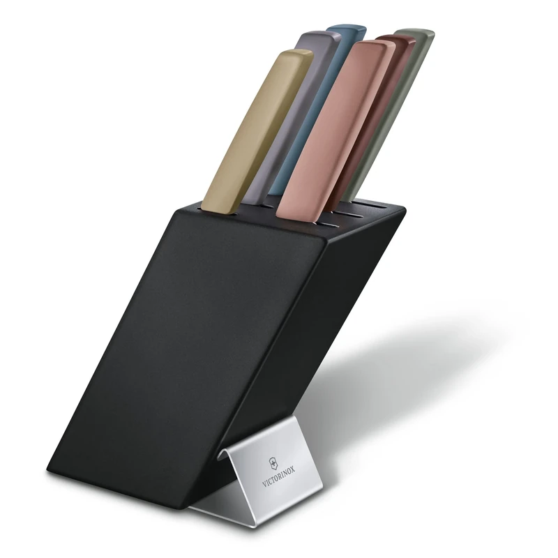 Victorinox Swiss Modern Knife Block With 6 Knives, Set of 6, Kitchen Knife Storage, Wood, Multicolored