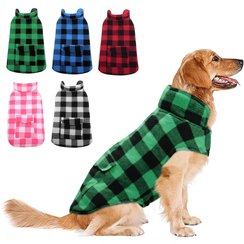 ASENKU Warm Waterproof Dog Coat Winter Fleece Dog Jackets Tartan Dogs Coat with Harness Hole Plaid Reversible Dog Vest for Small Medium Large Dogs L