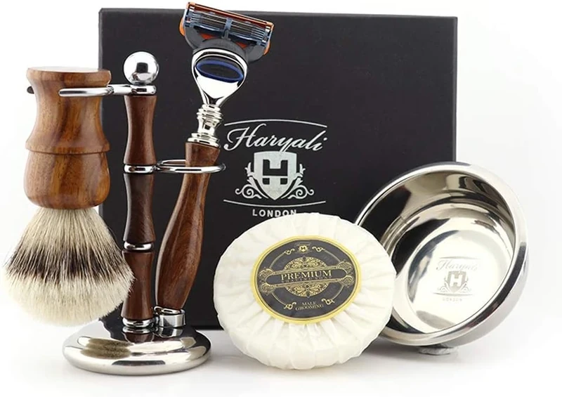 Haryali London, 5 Pcs Wooden Shaving Kit for Men – Wet Shaving Set with 5 Edge Razor, Silver Tip Badger Brush, Shaving Bowl, Soap & Stand – Traditional Shaving Gift Set for Men