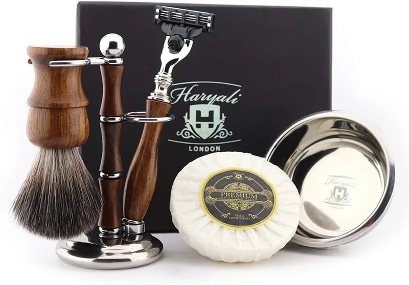 Haryali London Wooden Mens Shaving Kit 3 Edge Shaving Razor with Synthetic Badger Hair Brush, Stand, Bowl and Soap Gift Set for Men