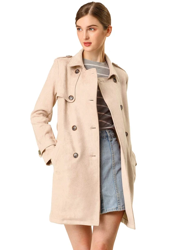 Women's Notched Lapel Double Breasted Faux Suede Trench Coat Jacket with Belt, Apricot, M