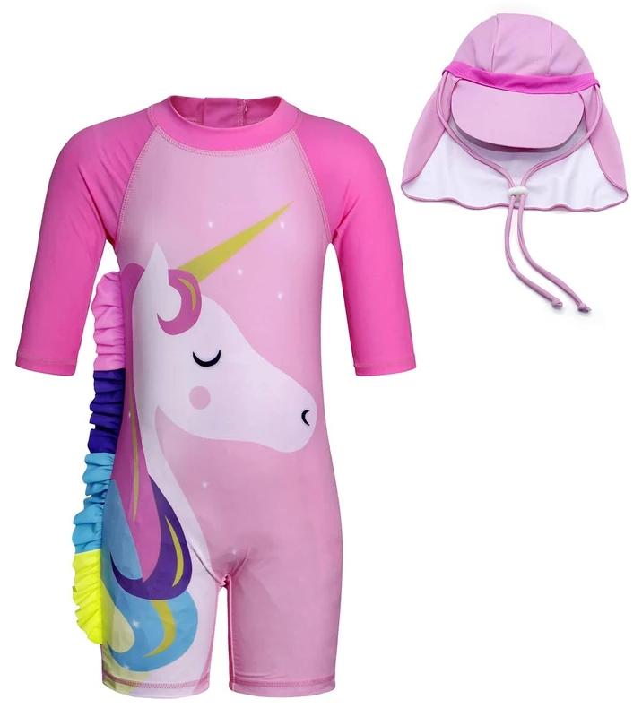 AmzBarley Girls Unicorn One-Piece Swimsuit - UPF 50+ UV, Size 7/140
