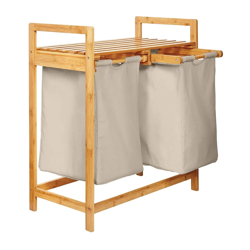 Lumaland Bamboo Laundry Basket with 2 Pull-Out Laundry Bags | Easy-Care Material, Resistant to Moisture and Easy to Wipe Clean | Height Approx. 73 cm x 64 cm Width x 33 cm Depth [Grey]