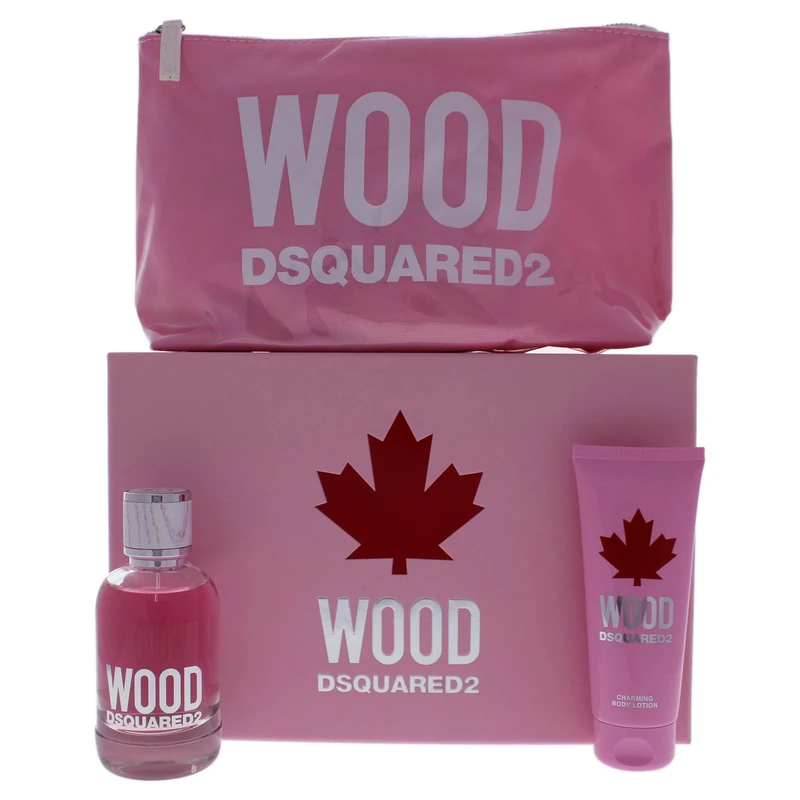 DSquared Wood by Dsquared2 for Women - 3 Pc Gift Set 3.4oz EDT Spray, 3.4oz Body Lotion, Pink Wood Pouch, 100 Milliliters, I0095085