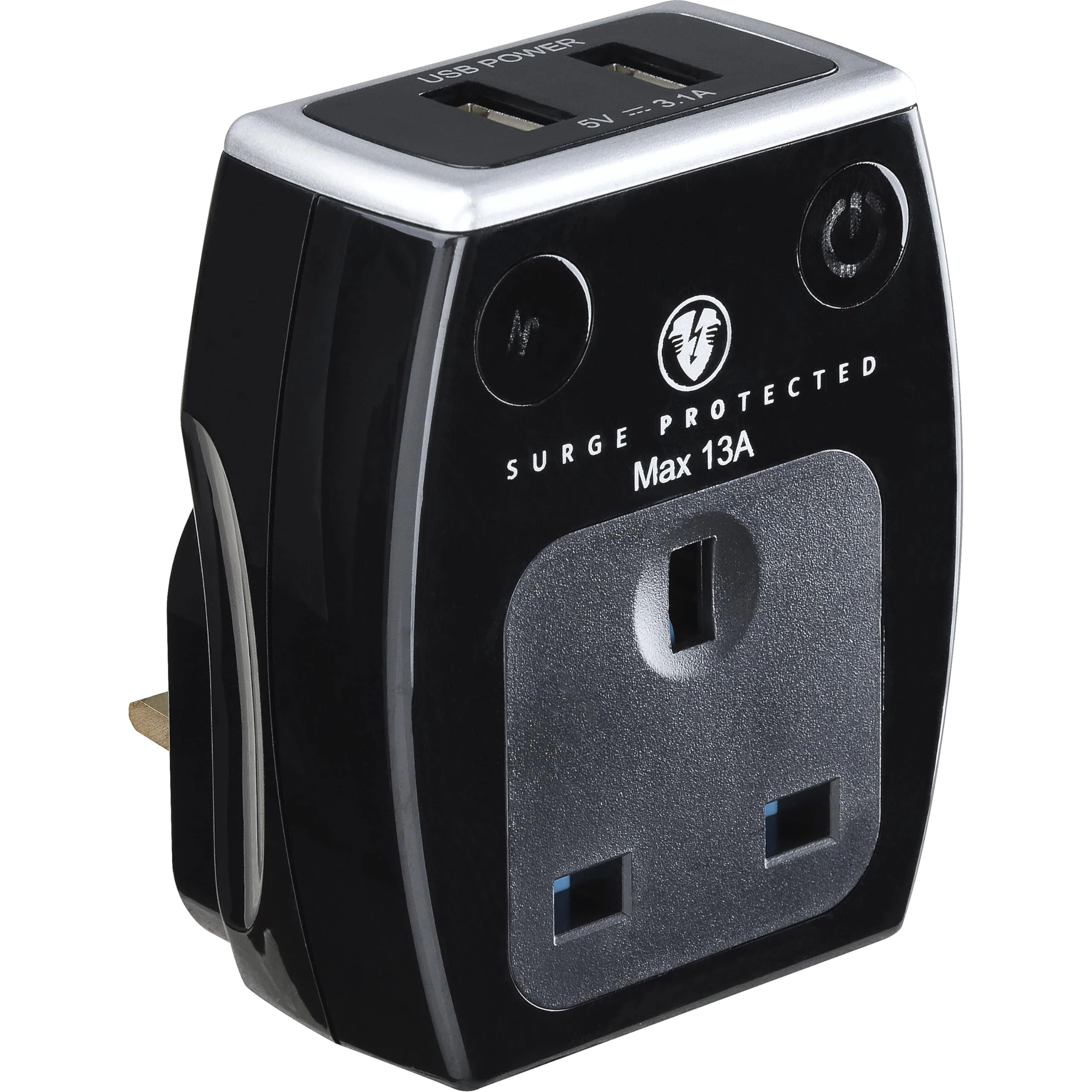 Masterplug Single Socket Surge Protected Power Adaptor with Two USB Charging Points, Polished Black