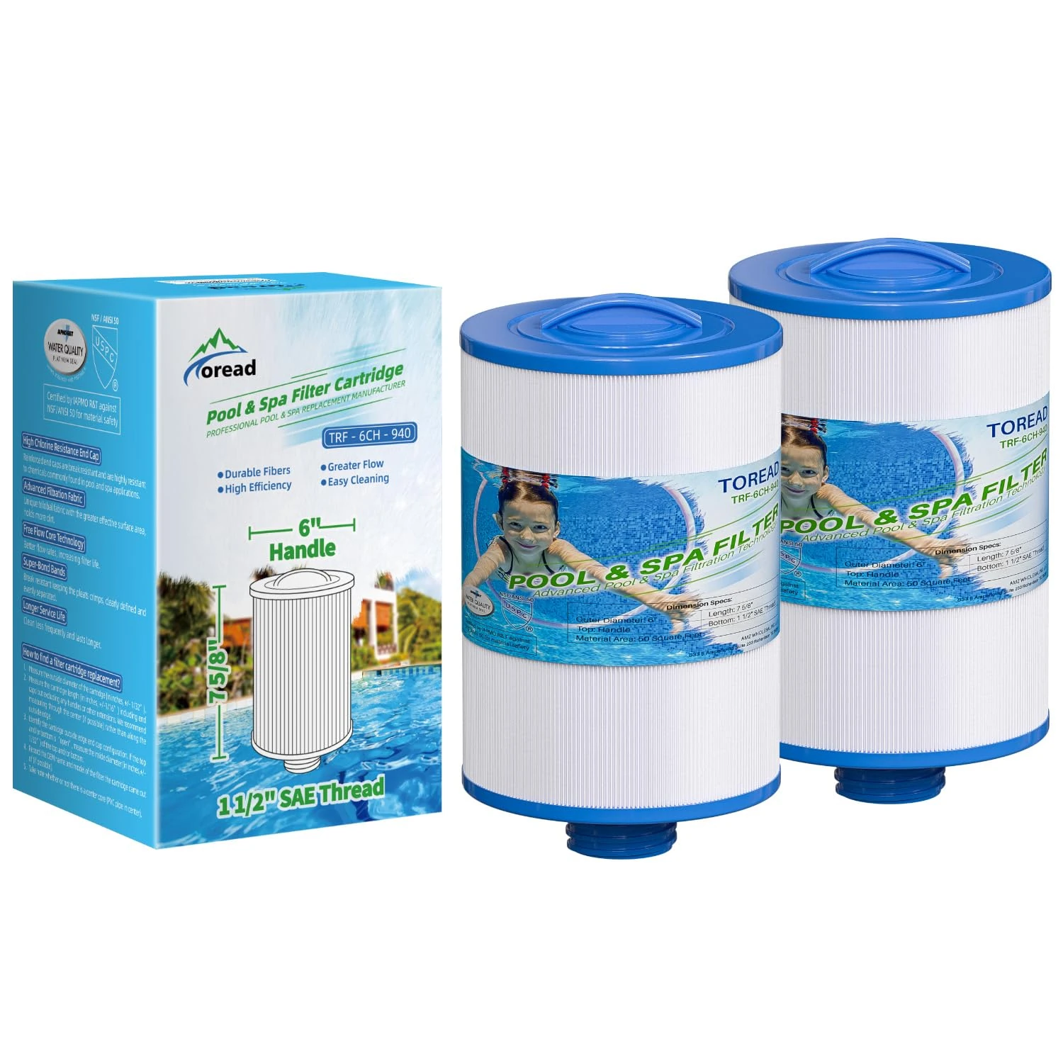TOREAD Spa Filters for Hot Tub Filter, Pww50 Filter, Compatible for Unicel 6CH-940, Pleatco PWW50P3, PWW50-P3, Filbur FC-0359, Waterway Plastics 817-0050, 25252, 378902, 03FIL1400(2pcs)