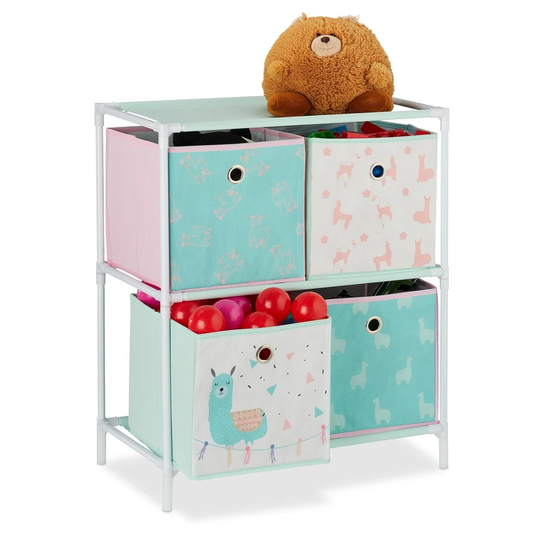 Relaxdays Children’s Shelf with 4 Boxes, Toy Storage Stand, For Boys & Girls, Cute Lama Design, Colourful