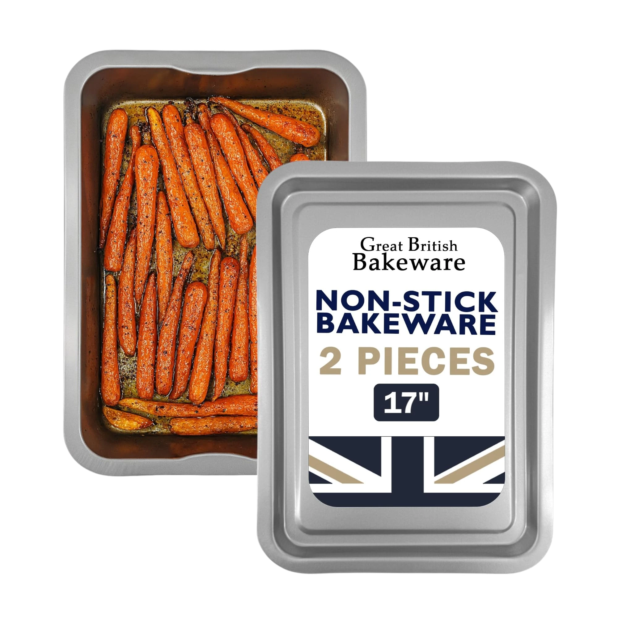 Great British Bakeware 43cm 2 Set Superior Non-Stick Extra Large Non-Stick Roasting and Baking Tray, Baking Trays, Roasting Tin, PFOA & BPA Free Cookware, Made in England