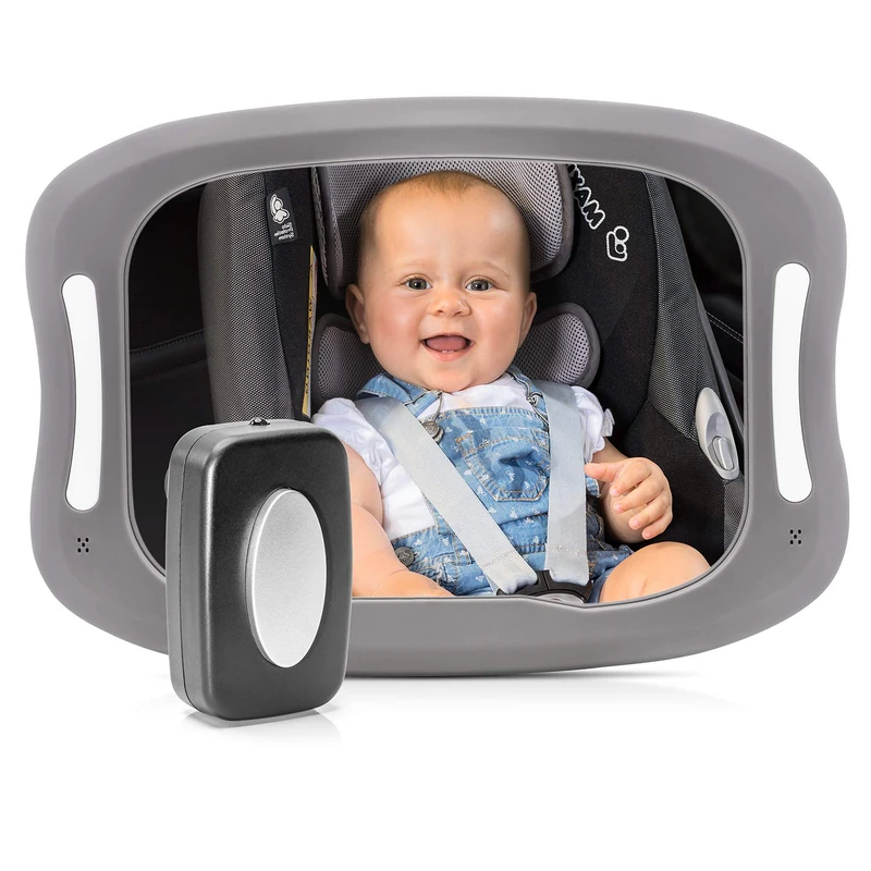 reer BabyView 86101 LED Car Safety Mirror - Your Baby in the Back Seat Always in View, Grey
