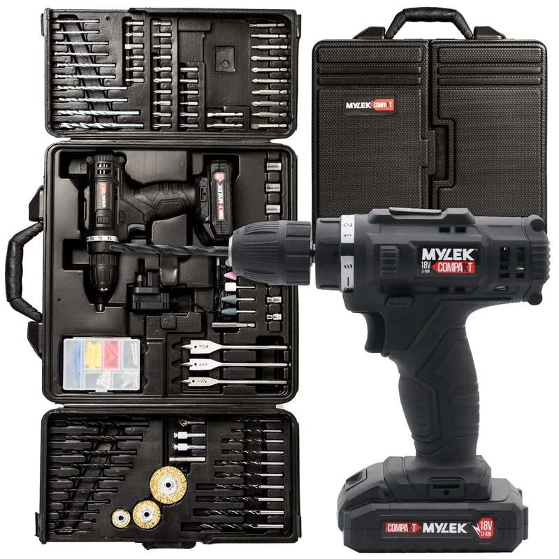 MYLEK MYBMC092 18V Cordless Drill Electric Driver Set, Lithium Ion Battery, 18 Volt Combi Screwdriver Pack, Black, 151 DIY Piece Accessory Kit and Carry Case