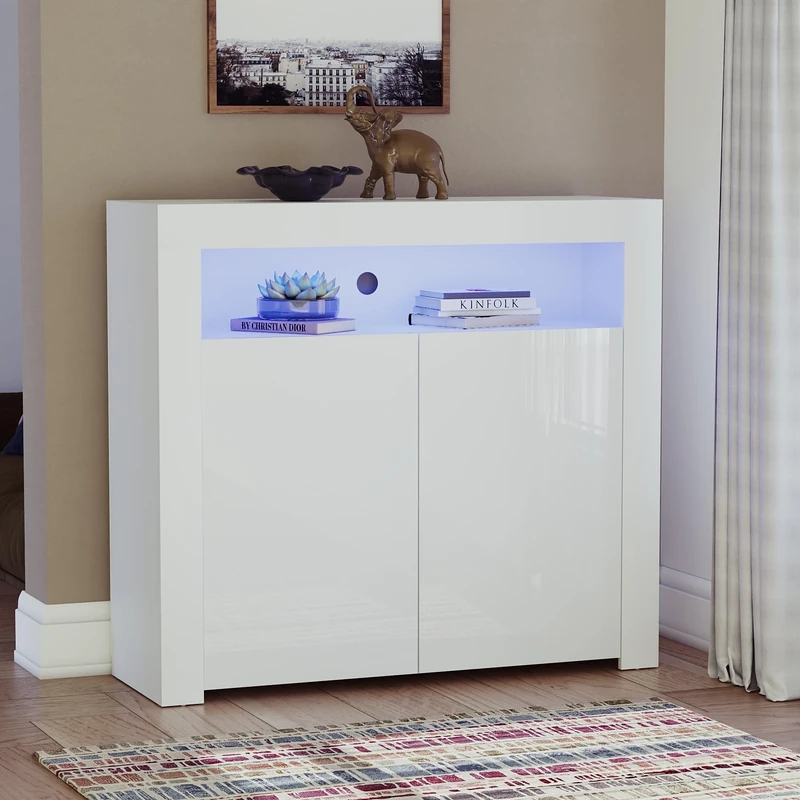 Vida Designs Nova 2 Door Modern LED Sideboard in White, RGB Lights (Fade/Strobe Options Included), High Gloss