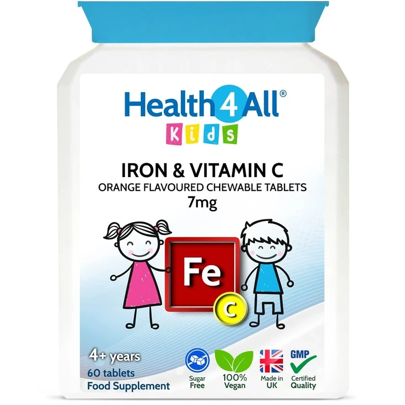 Health4All Kids Iron 60 Chewable Tablets 2 Months Supply, Vegan Sugar-Free Iron Supplement for Children 4+ Supports Learning, Growth & Immune System, Natural Orange Flavour, Made in UK (not Gummies)
