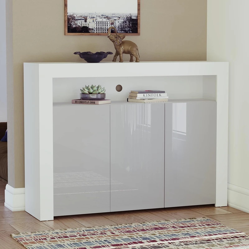 Vida Designs Nova 3 Door Modern LED Sideboard in White & Grey, RGB Lights (Fade/Strobe Options Included), High Gloss