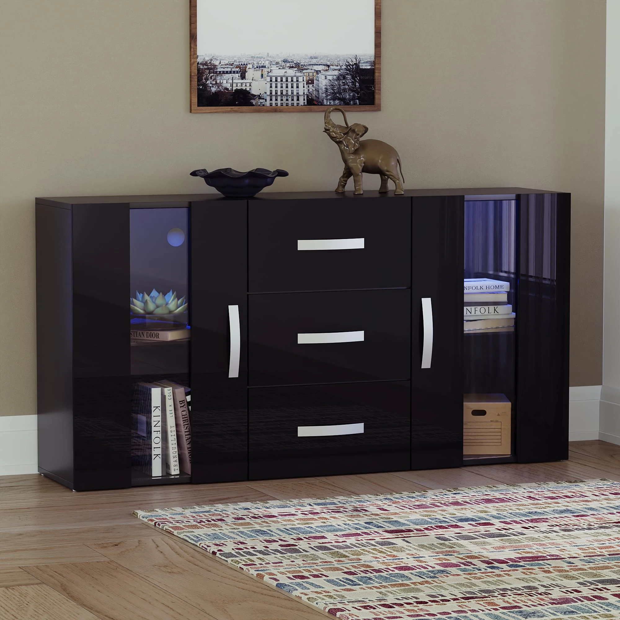 Vida Designs Astro 2 Door 3 Drawer Modern LED Sideboard in Black, RGB Lights (Fade/Strobe Options Included), Wooden Matte Style with High Gloss Features