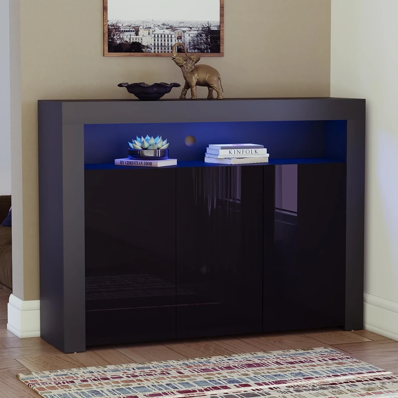 Vida Designs Nova 3 Door Modern LED Sideboard in Black, RGB Lights (Fade/Strobe Options Included), High Gloss