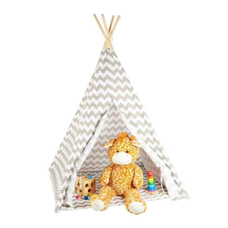 Relaxdays Teepee, Play Tent With Flooring, Includes Bag, Wigwam For Kids, HxWxD: 160 x 115 x 115 cm, White-grey