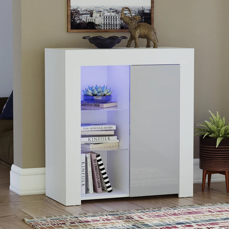 Vida Designs Azura 1 Door Modern LED Sideboard in White & Grey, RGB Lights (Fade/Strobe Options Included), High Gloss