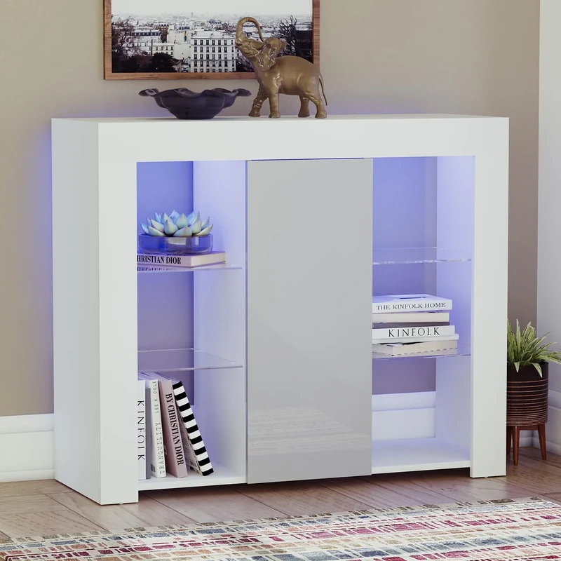 Vida Designs Large Azura 1 Door Modern LED Sideboard in White & Grey, RGB Lights (Fade/Strobe Options Included), High Gloss