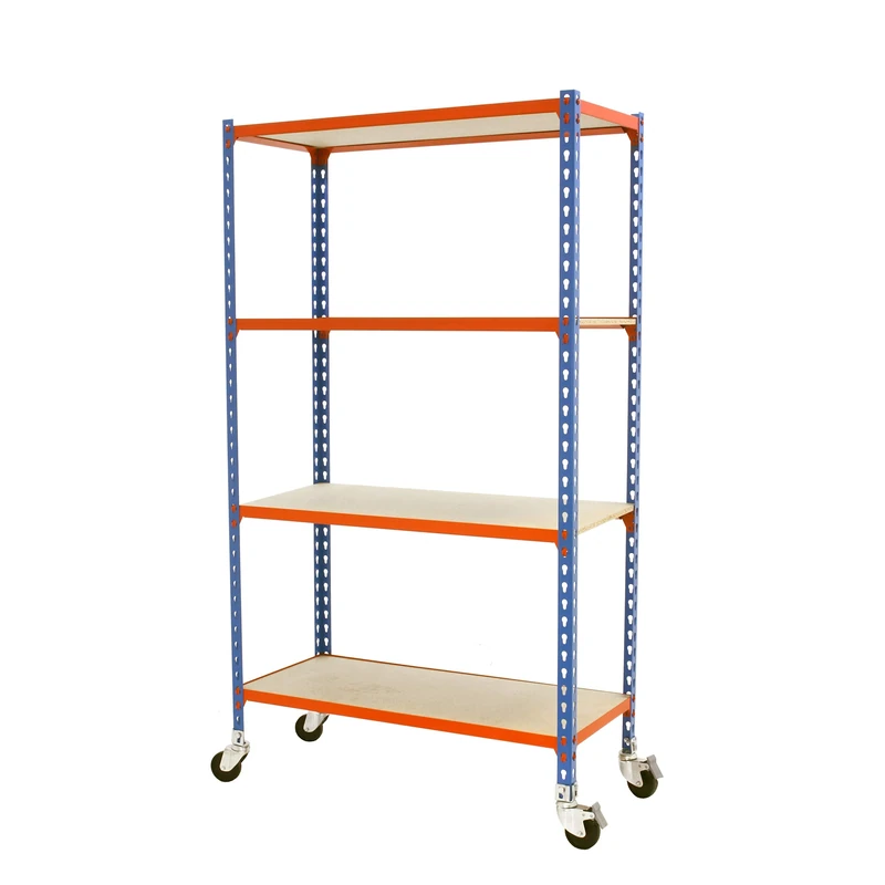 Simon Rack Garage Shelving Unit with Wheels 1575x800x300 mm, 4 Tier Metal Rack with 16 mm MDF Shelves, 75 kg per Shelf, Blue/Orange/Wood – Maderclick
