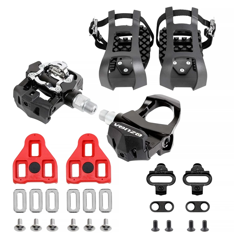 Venzo 3 in 1 Look Delta, Toe Cage, SPD Spin Bike Bicycle Pedals - Compatible With Peloton & Shimano SPD - Fitness Exercise Indoor Cycling Pedals