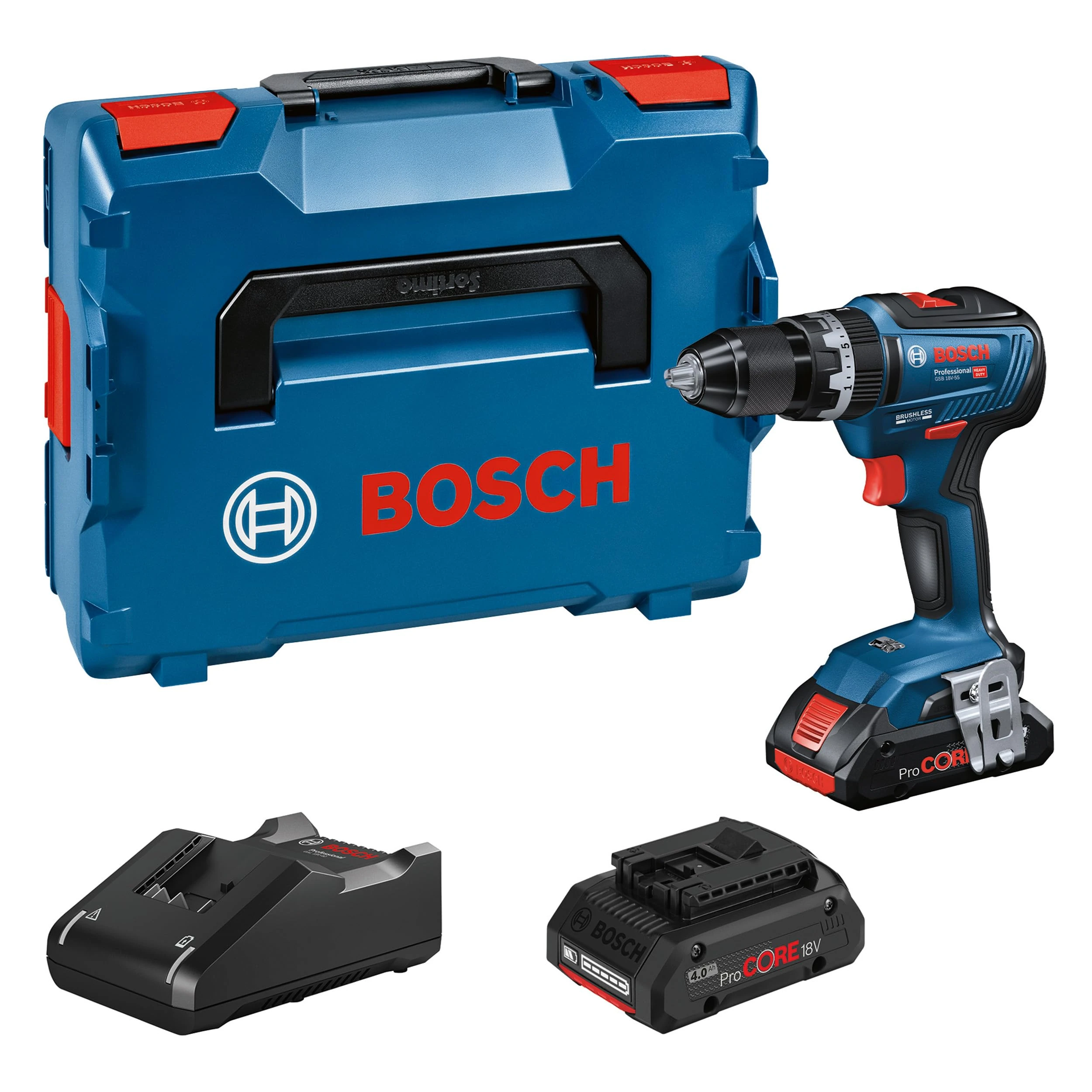 Bosch GSB 18V-55 Professional Cordless Hammer Drill with 2X 4.0 Ah ProCore Batteries, 18 Volt System, Masonry Drill Diameter 10 mm, in L-Boxx