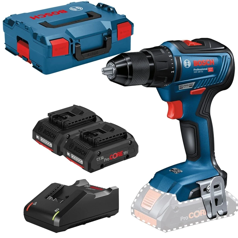 Bosch Professional Akkuschrauber GSR 18V-55 (2x 4,0 Ah ProCore Akku, 18 Volt System, max. Drehmoment: 55 Nm, in L-BOXX)