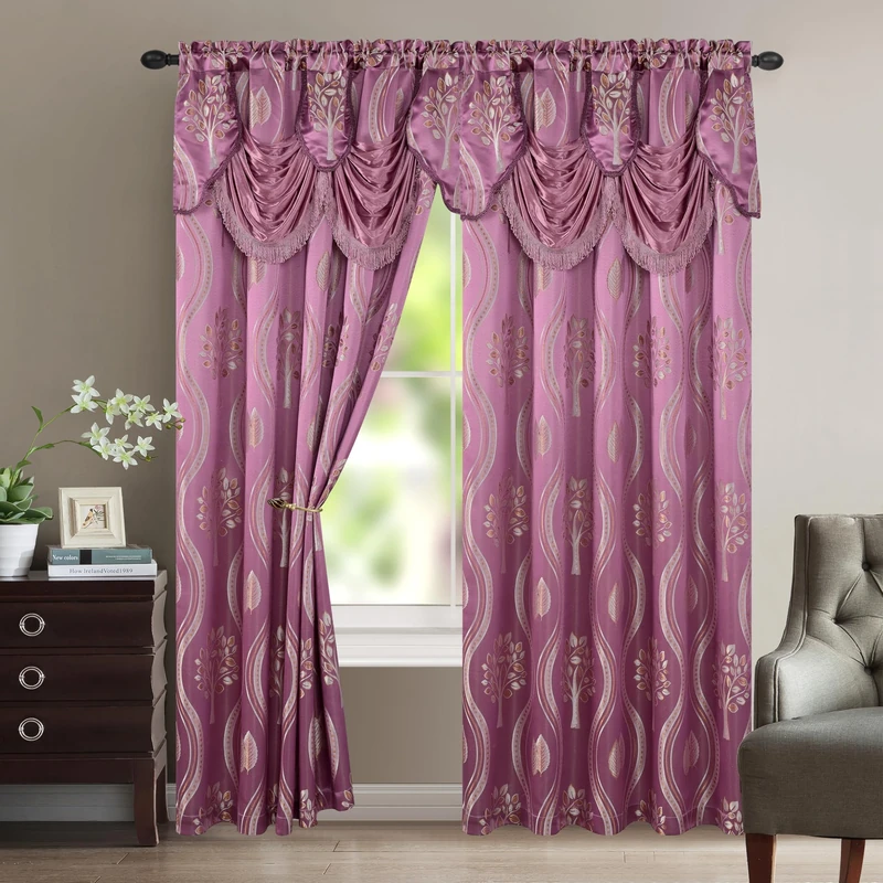 Elegant Comfort Aurora Jacquard Look Curtain Panel Set with Attached Valance 54" X 84 inch (Set of 2), Lilac