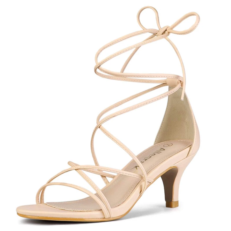 Allegra K Women's Strappy Kitten Heel Lace Up Sandals Beige 5.5 UK/Label Size 7.5 US - Image 1