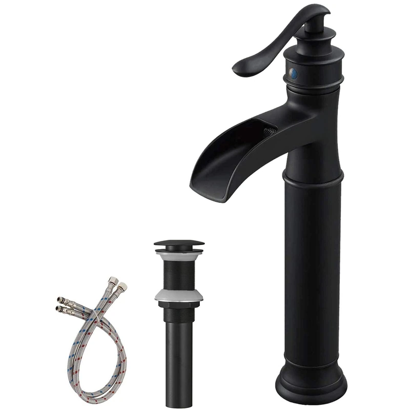 BWE Bathroom Vessel Sink Faucet Waterfall Matte Black Single-Handle One Hole Lavatory Faucet Mixer Tap Deck Mounted