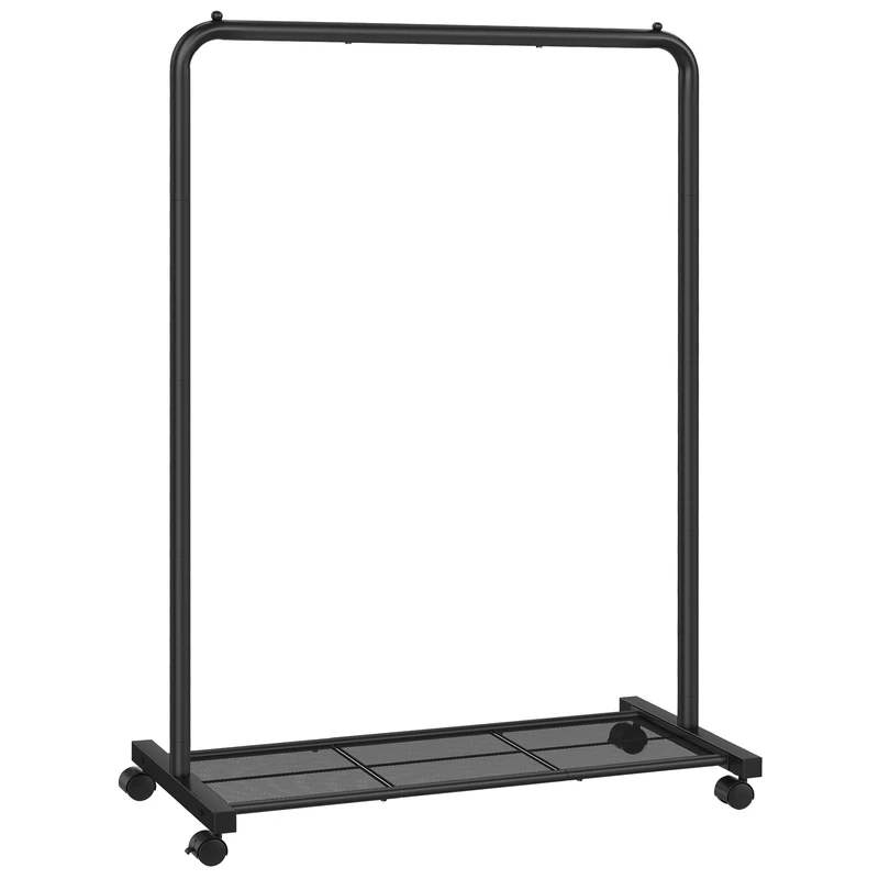 SONGMICS Clothes Rack with Wheels, Clothing Rack for Hanging Clothes, 25.4 mm Thickened Pipe Garment Rack with Dense Mesh Storage Shelf, 110 lb Load Capacity, 2 Brakes, Steel Frame, Black UHSR25BK