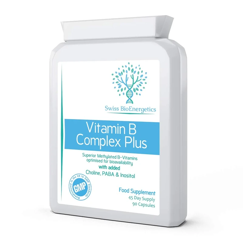 Vitamin B Complex Plus - 90 Capsules - Superior Methylated Formula with Added Choline, PABA & Inositol - Includes Essential Multi B-Vitamins B1, B2, B3, B5, B6, B12, Biotin & Folate