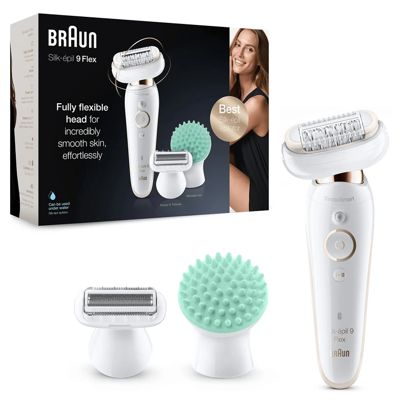 Braun Epilator for Women with Flexible Head for Easier Hair Removal, Cordless Wet & Dry Epilation, Massage Pad, Wide Head with 40 tweezers and Slim Handle, Braun Silk-épil 9 Flex 9-020