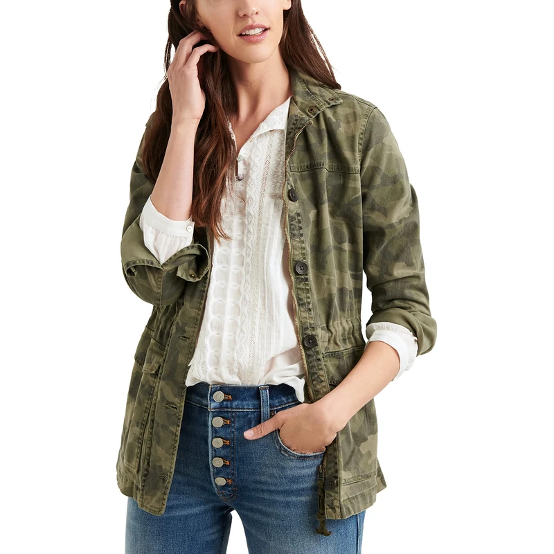 Lucky Brand Women's Long Sleeve Button Up Two Pocket Utility Jacket, Green Multi, M
