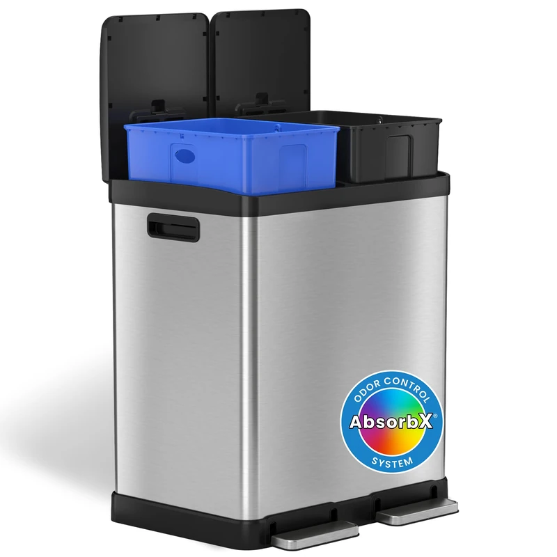 iTouchless SoftStep 16 Gallon Step Trash Can & Recycle Bin with Activated Carbon Filters System, Stainless Steel, 2 x 8 Gallon (30L) Removable Color-Coded Buckets, Soft Close and Airtight Seal