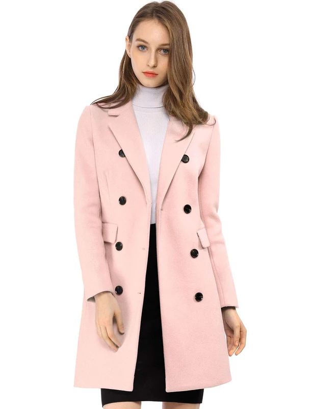 Allegra K Women's Winter Coat Elegant Notched Lapel Double Breasted Trench Coat, Pink, XS