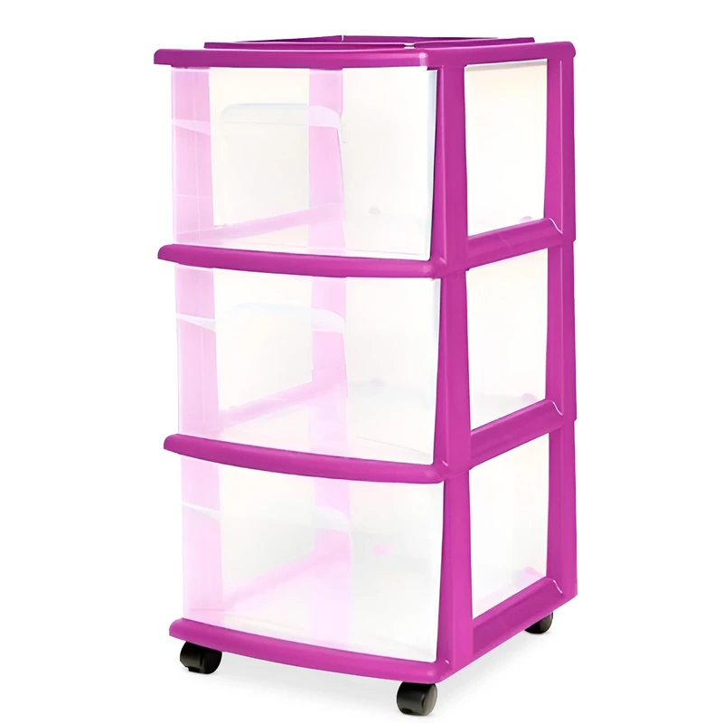Homz 3 Drawer Plastic Storage and Organizer Cart, Rolling Cabinet for Home, Office, Classroom, Craft, Art Supplies, Purple Frame with Clear Drawers