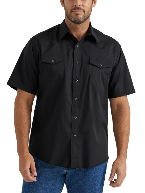 Wrangler Men's Sport Western Basic Two Pocket Short Sleeve Snap Shirt, Black, Medium