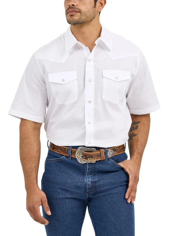 Wrangler Men's Sport Western Basic Two Pocket Short Sleeve Snap Shirt, White, Large