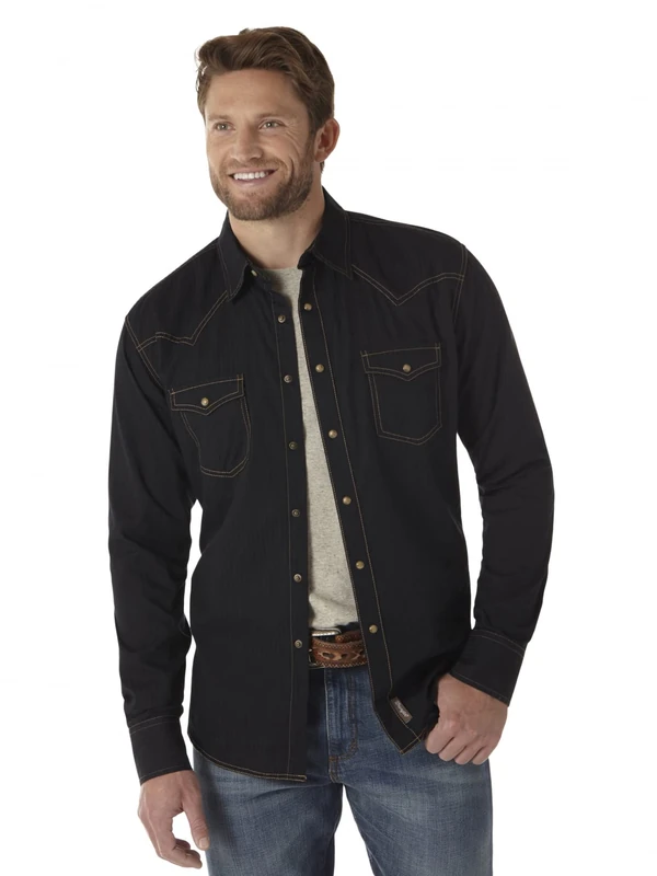 Wrangler Men's Retro Two Pocket Long Sleeve Snap Shirt, Black, Large Tall