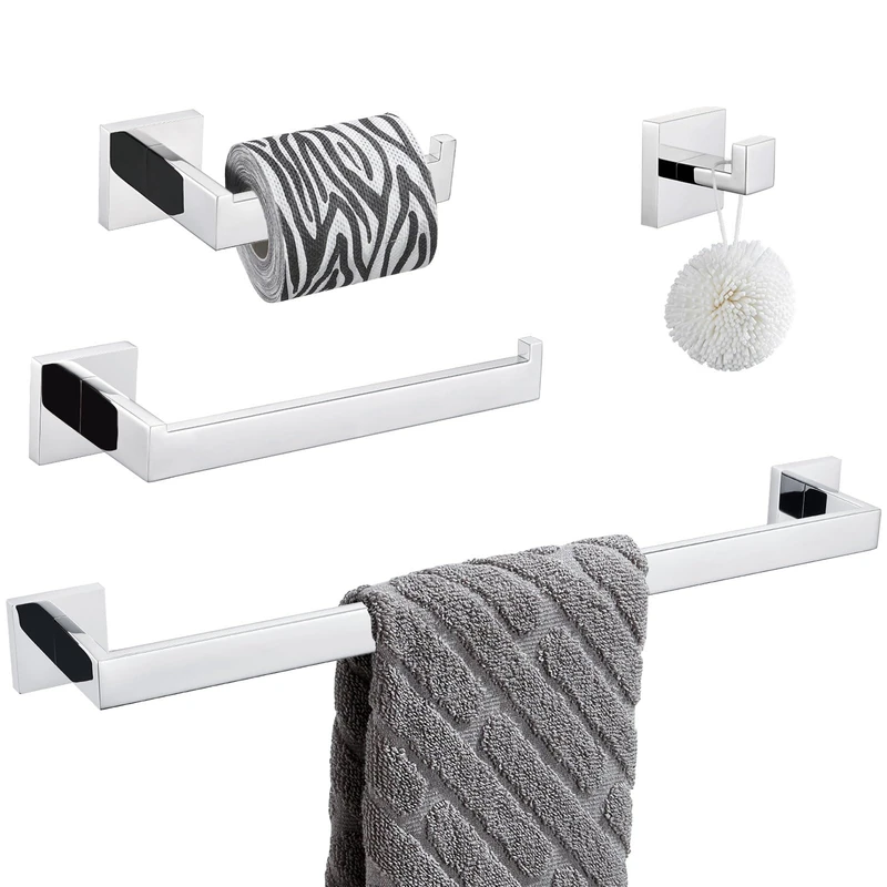 Bathroom Hardware Set 4-Piece, Angle Simple SUS304 Stainless Steel Bath Accessory Kit, Bathroom Fixture Set with Robe Hook, Toilet Paper Holder, Towel Holder and Towel Bar Polished Chrome
